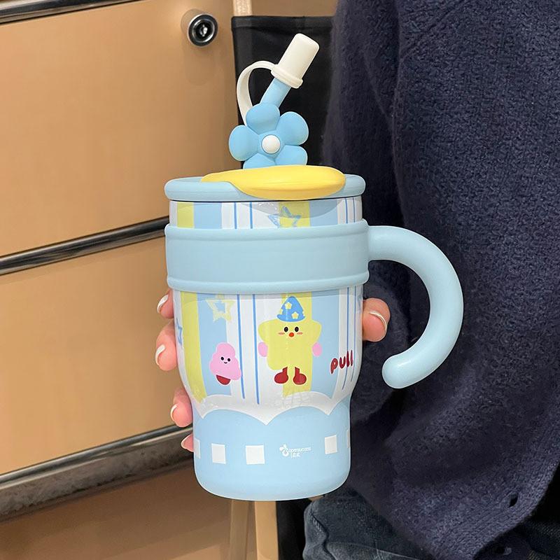 Cute Cartoon Insulated Travel Mug With Handle For Office And Outdoor Use