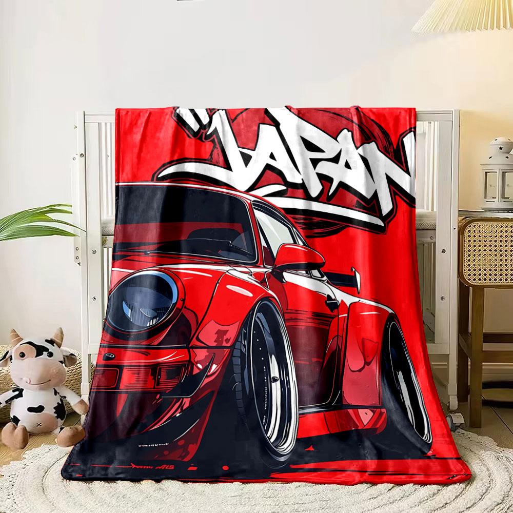 Red sports car with bold  JAPAN  graffiti on a vibrant red background. for all seasons blanket lunch break throw gift 80cm x 120cm