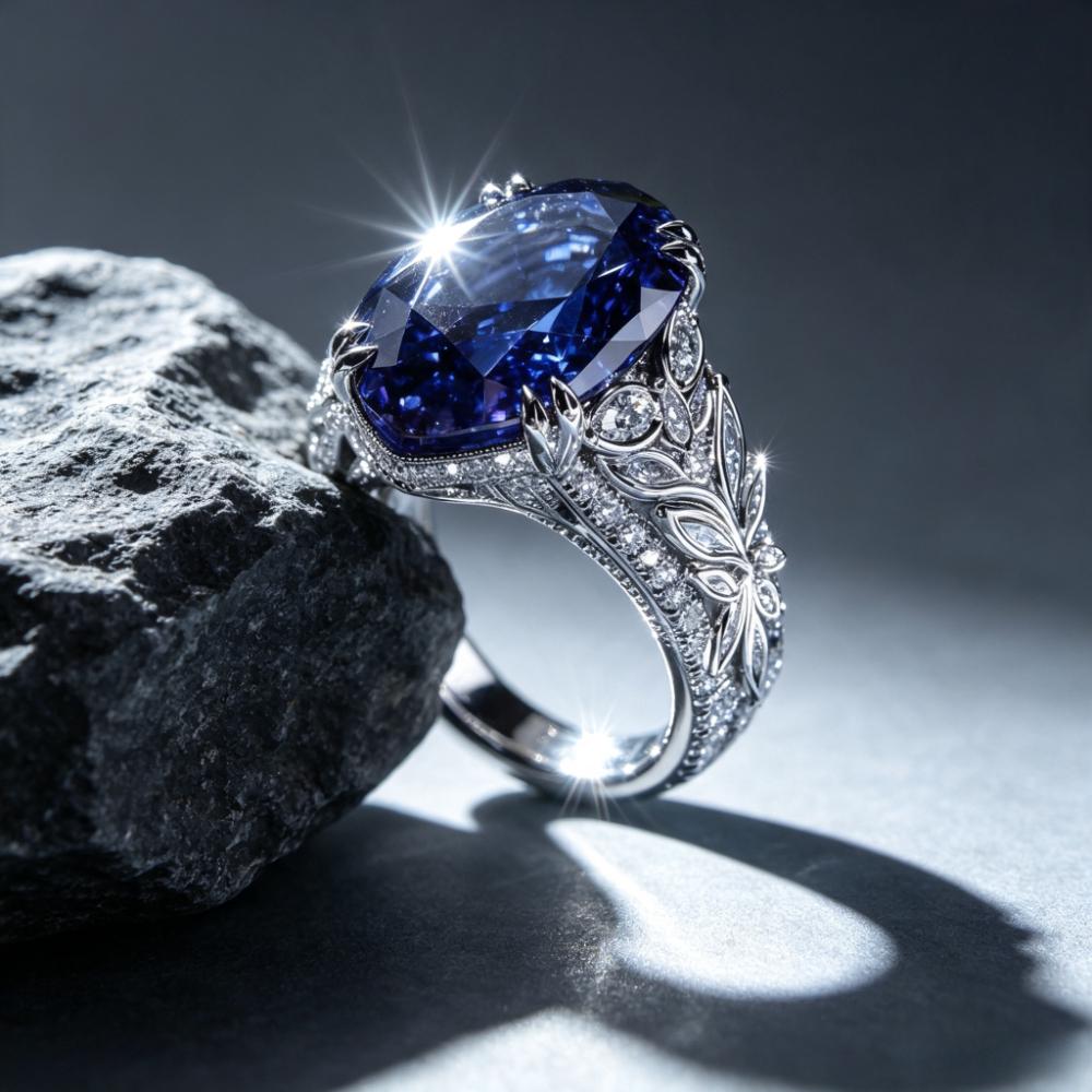 925Silver-plated Oval Blue Synthetic Cubic Zirconia Ring, Vintage Hollow-out Pavé Colorful Statement Ring Suitable for Wedding Jewelry, Youth Style