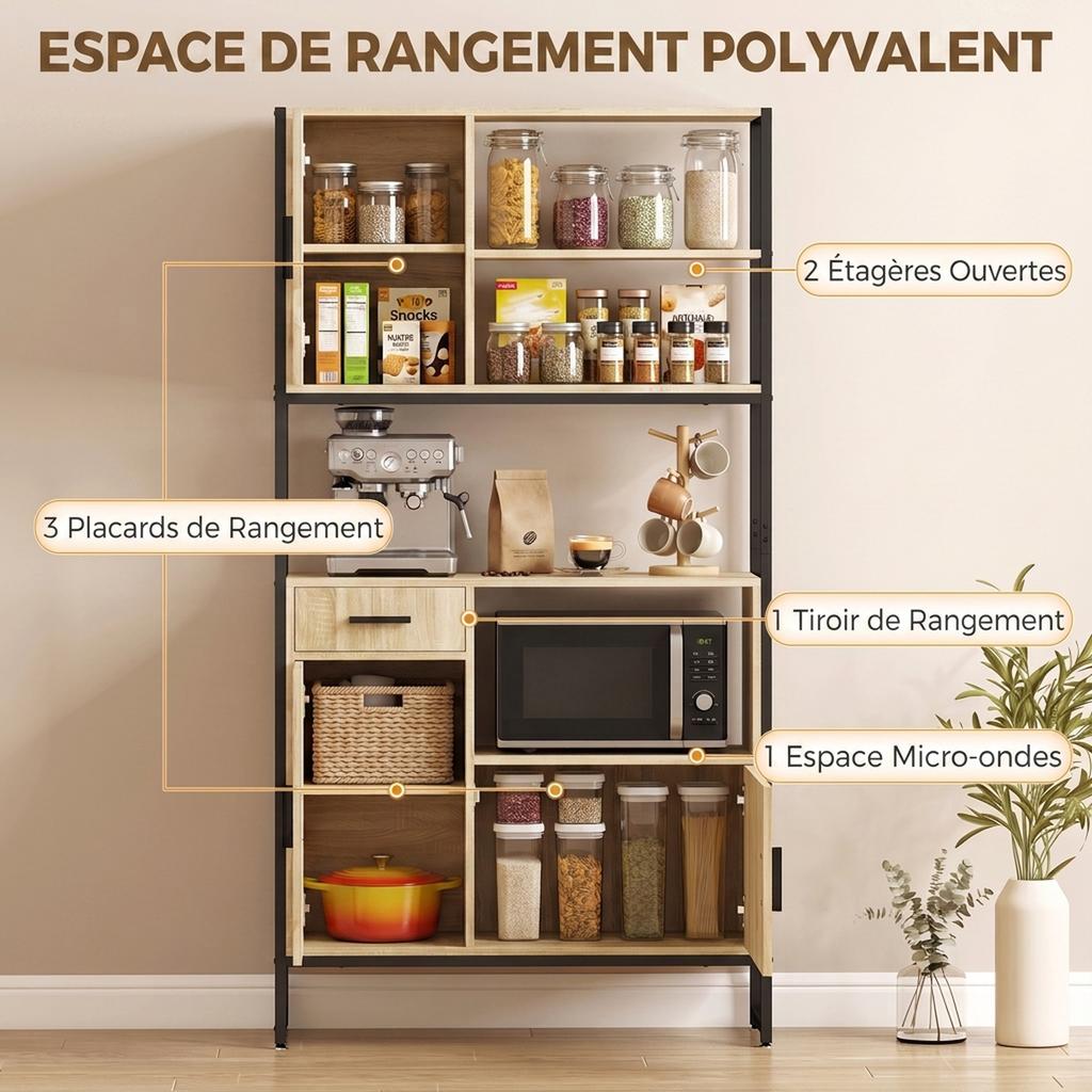 High Kitchen Buffet, 3 Soft-Close Doors, Drawer, Worktop, Open Shelves, Natural