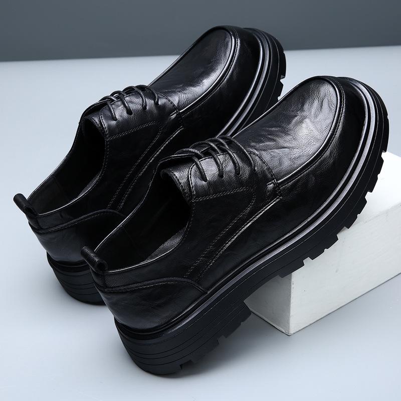 2025 Spring New Men's Shoes Leather High-end Black Heightening Leather Shoes British Breathable Business Dress Big Head Shoes