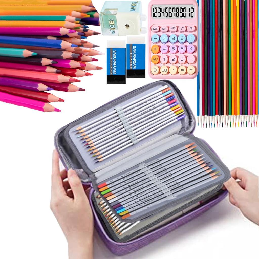 Large Capacity Pencil Pen Triple 72 Pencil Stationery Makeup Colored Art Brush Art Supplies Small Item Storage Art Business Purple Case, 3-story,