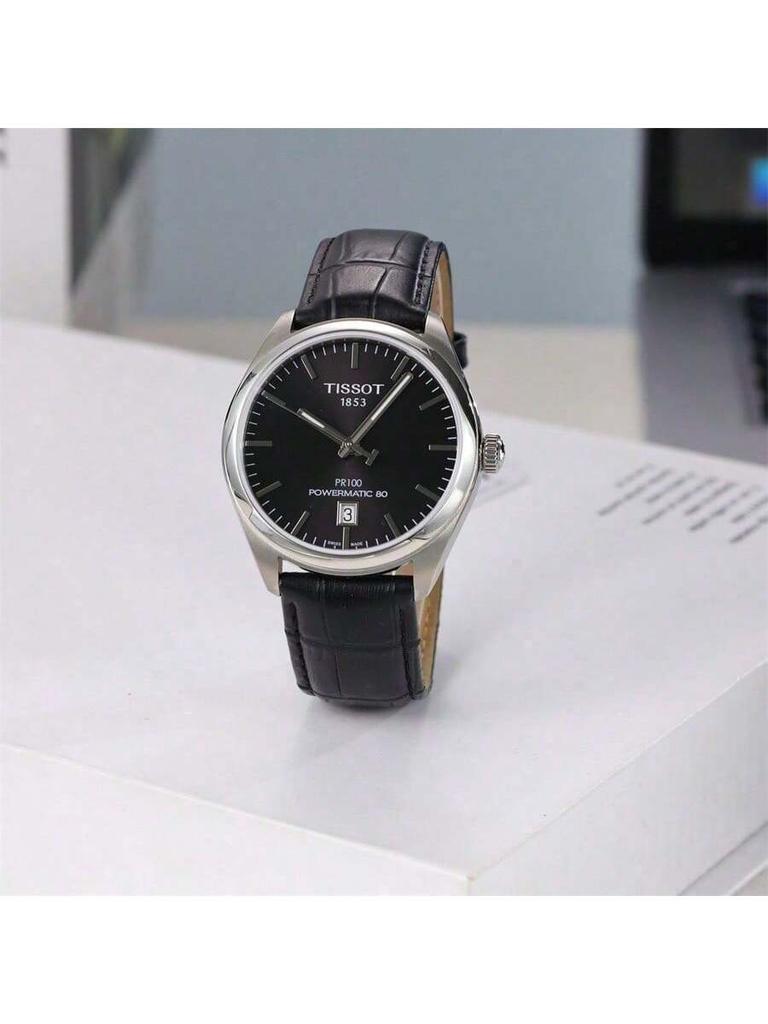 Tissot PR100 Automatisches Mechanisches Uhrwerk, 30m Wasserdicht, Herrenuhr, 39mm, Schwarzes Zifferblatt, Edelstahlgehäuse, Leder T101.407.16.051.00