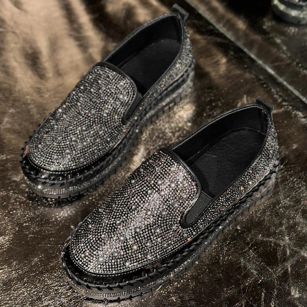 Spring 2026 Casual Fashion Thick Bottom Slip-On Loafers Diamond Embellished Large Size Flat Shoes round Toe Rubber Sole
