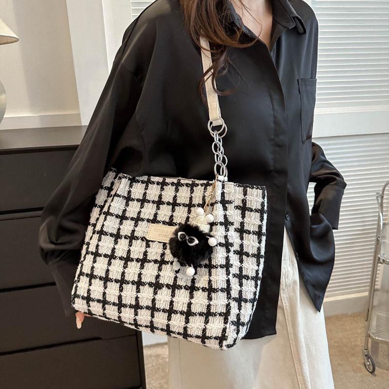 2023 Karierter Woll-Tote: Herbst/Winter Damen Vielseitige Schulter-Eimer-Tasche, Große Kapazität