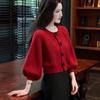 Women's Red Lantern Sleeve Cardigan: New Year Autumn/Winter Loose Knit Sweater Top
