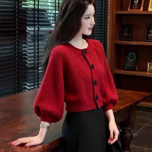 Women's Red Lantern Sleeve Cardigan: New Year Autumn/Winter Loose Knit Sweater Top