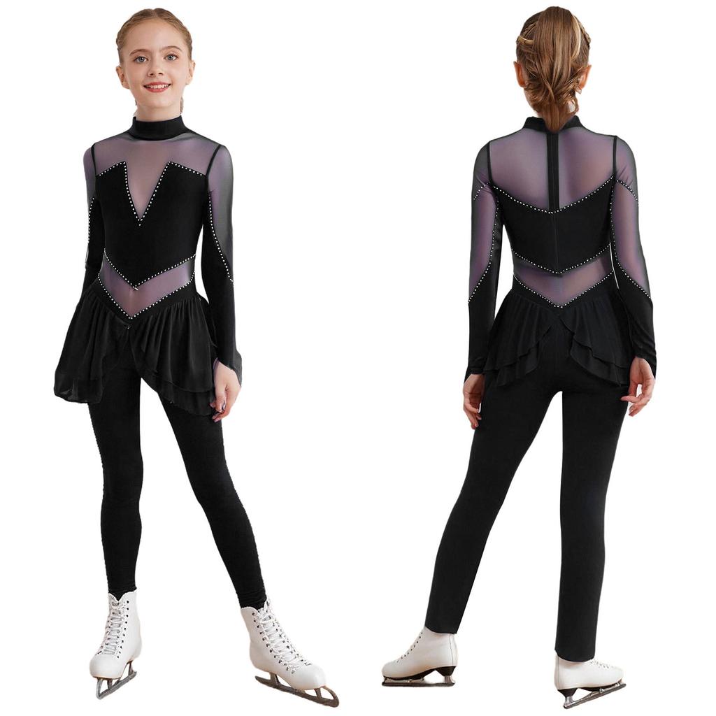 Girls Figure Skating Jumpsuit Mock Neck Long Sleeve Sheer Mesh Patchwork Shiny Rhinestones Bodysuit