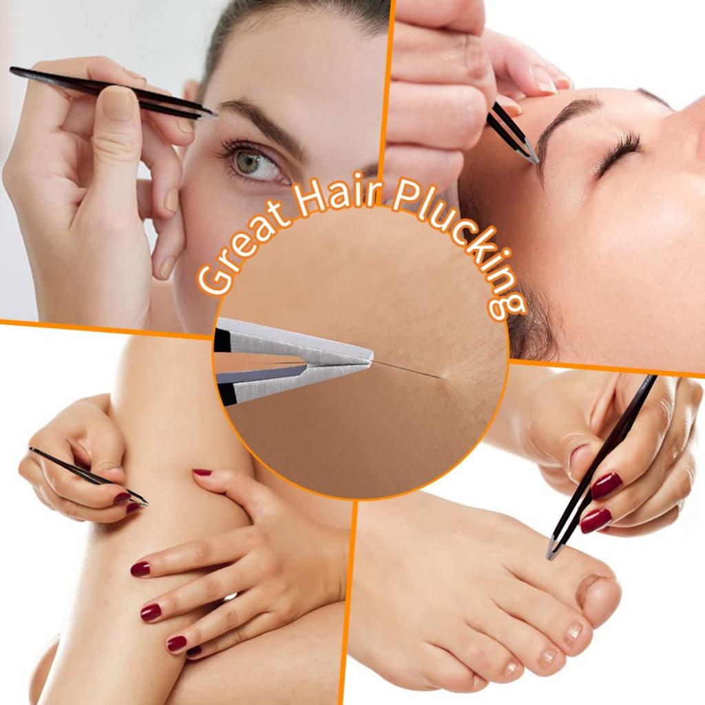 Professional Eyebrow Tweezers 6 Pcs Set  - Stainless Steel Tweezers & Curved Scissors for Precise Shaping with Case. Ideal for Ingrown Hair Removal.