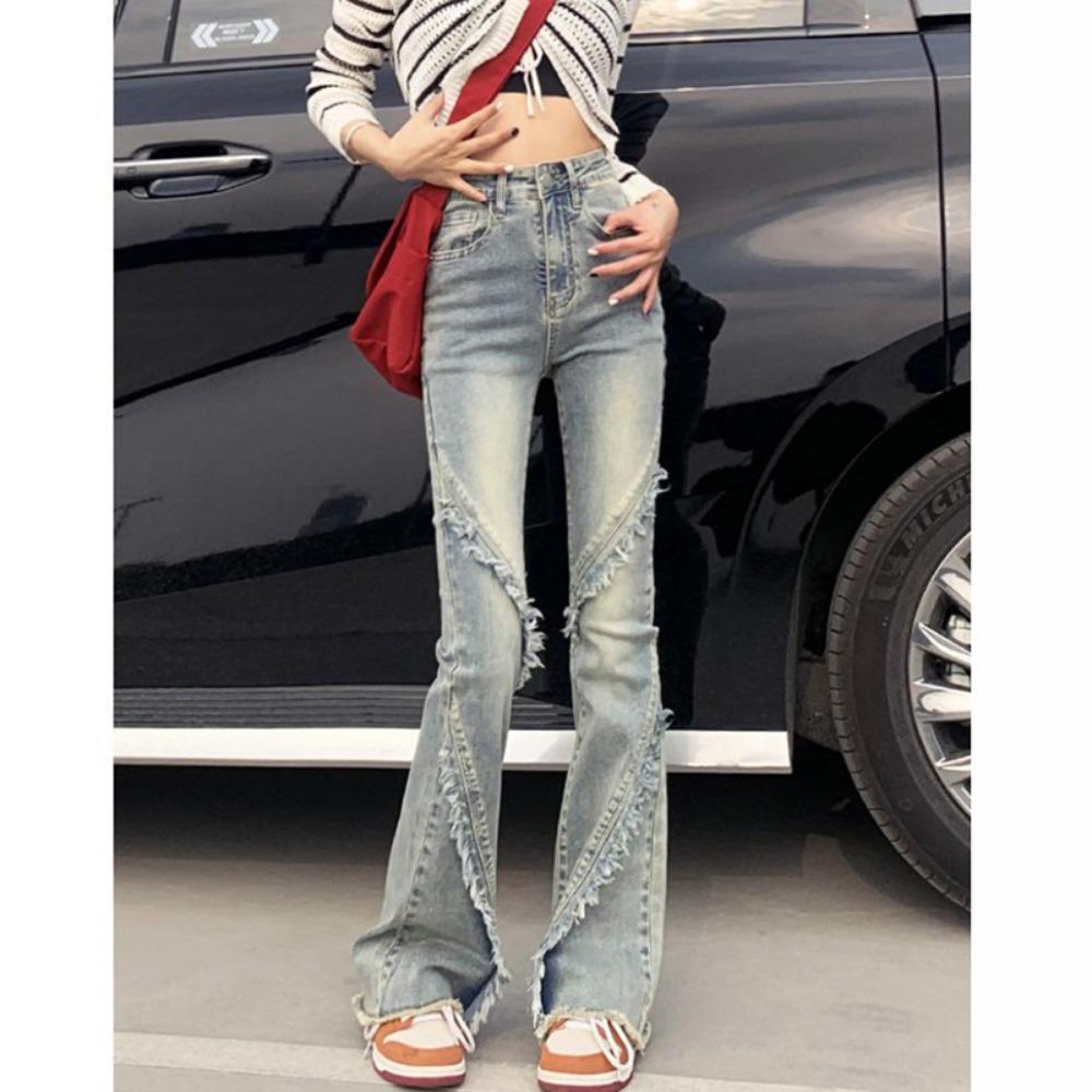 Rough edge slightly pulled jeans women's spring and autumn new American retro horseshoe pants slim and thin flared jeans