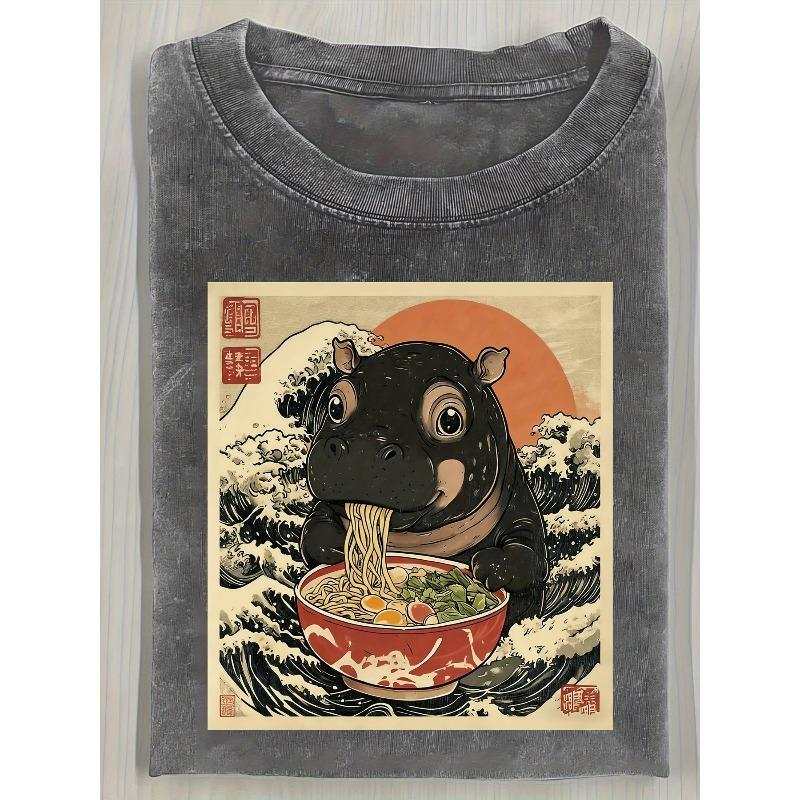 European Size Hunting Theme Print, Men s Street Style Distressed Washed  Pure Cotton T-shirt, Suitable for Outdoor Hunting, Going Out on the Street S серый