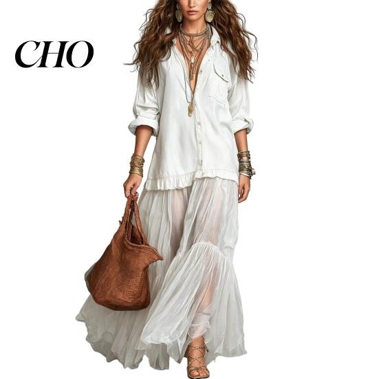Beach Dress for Women Women's Faux Denim Shirt Dress, Long Sleeve Mesh Patchwork Pleated Detail Maxi Button Down Ruffle Sheer Elegant Summer