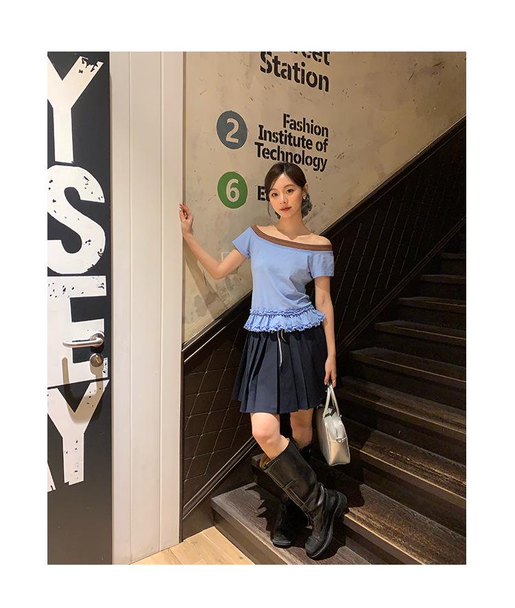 Interpret Beauty Summer 2025 Preppy Pleated A-line Midi Skirt with Drawstring Waist (S5108)