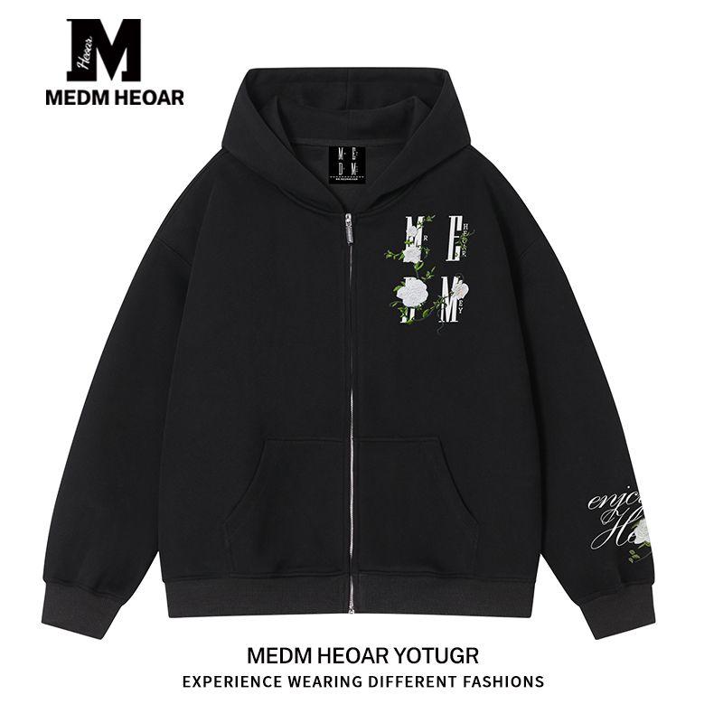 

[Three Labels Complete] Medm Heoar American Embroidery Hoodie Men s and Women s Hooded zip-up Autumn Outerwear Top Black [Fleece-Lined & Extra Thick] M