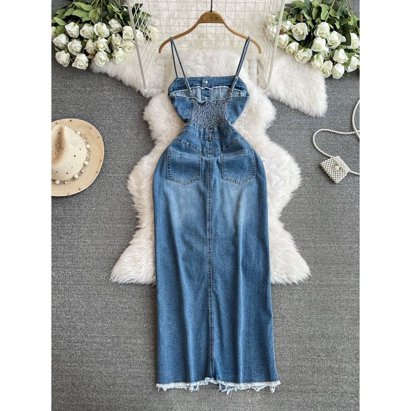 Age-Reducing Summer Retro Slit Denim Suspender Midi Dress