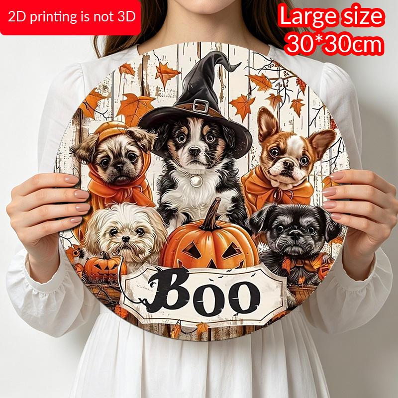 2D Flat, 1pc Boo Halloween Aluminum Ornaments Sign, Dog Maple Leaf Jack-o'-Lantern Boo Pattern Design, Round Hanging Plaque for Yard, Room, Home