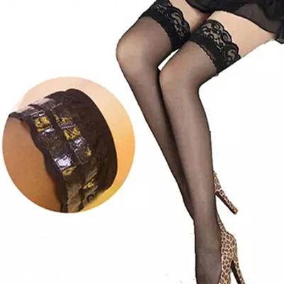 Moteriškos, seksualios, nėriniuotos viršutinės silicio juostelės, neslystančios šlaunų naktinio klubo aukštos kojinės