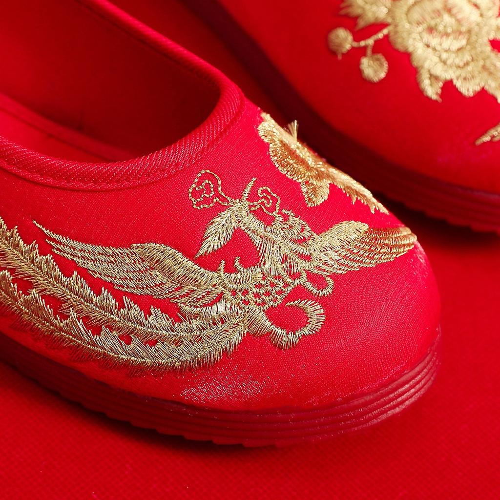 Bridal Shoes, Hanfu Shoes, Round Head, Red Sole Gold Silk Embroidered Xiuhe Wedding Dress Cloth Shoes Single Shoes Embroidered Cloth Shoes Women's Sh