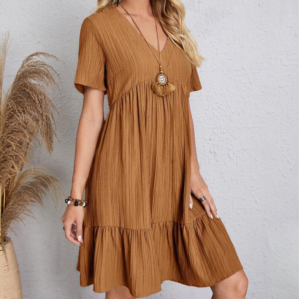 Stylové dámské šaty v blízkovýchodním stylu, s výstřihem do V, jednobarevné, elegantní, volného střihu, zakrývající břicho, na dovolenou, retro, niche design, krátký rukáv