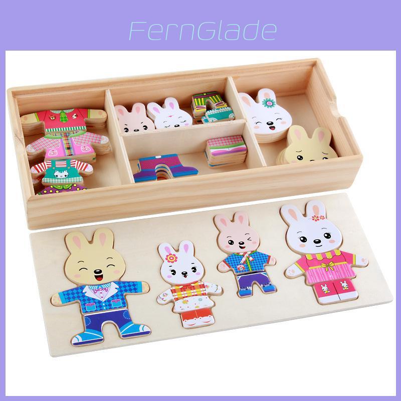 Houten Kinderspeelgoed Met Kleine Konijntjes Aankleed Puzzel Voor Leren En Spelen