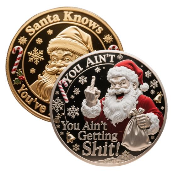 You Ain't Getting Shit Coin Funny Santa Claus Middle Finger Coin Novelty Metal Christmas Commemorative Challenge Coin Gag Gift for Friends