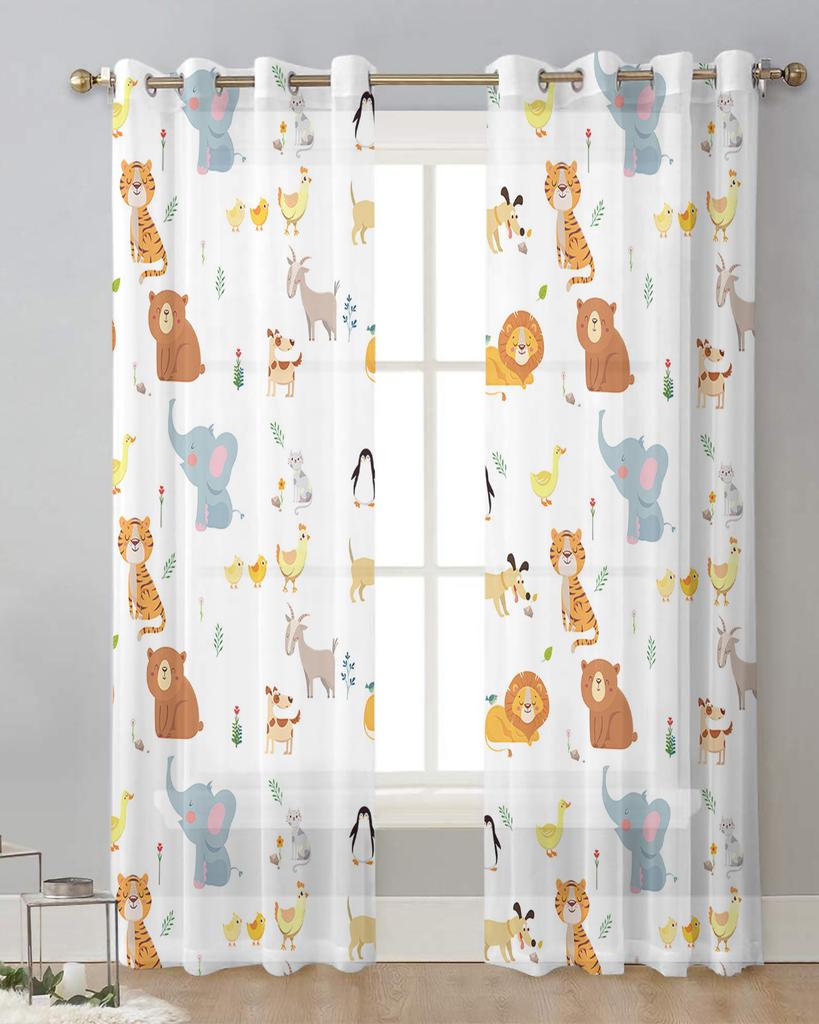 Cartoon Tier Tiger Löwe Elefant Pinguin Transparente Vorhänge für Wohnzimmerdeko Fenstervorhänge Küche Tüll Voile Vorhänge