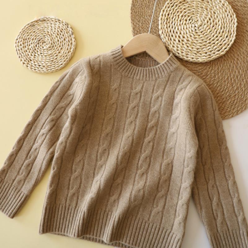 Unisex Children's Wool Sweater, Autumn/Winter 2025 - Solid Color Cable Knit Pullover with Round Neck