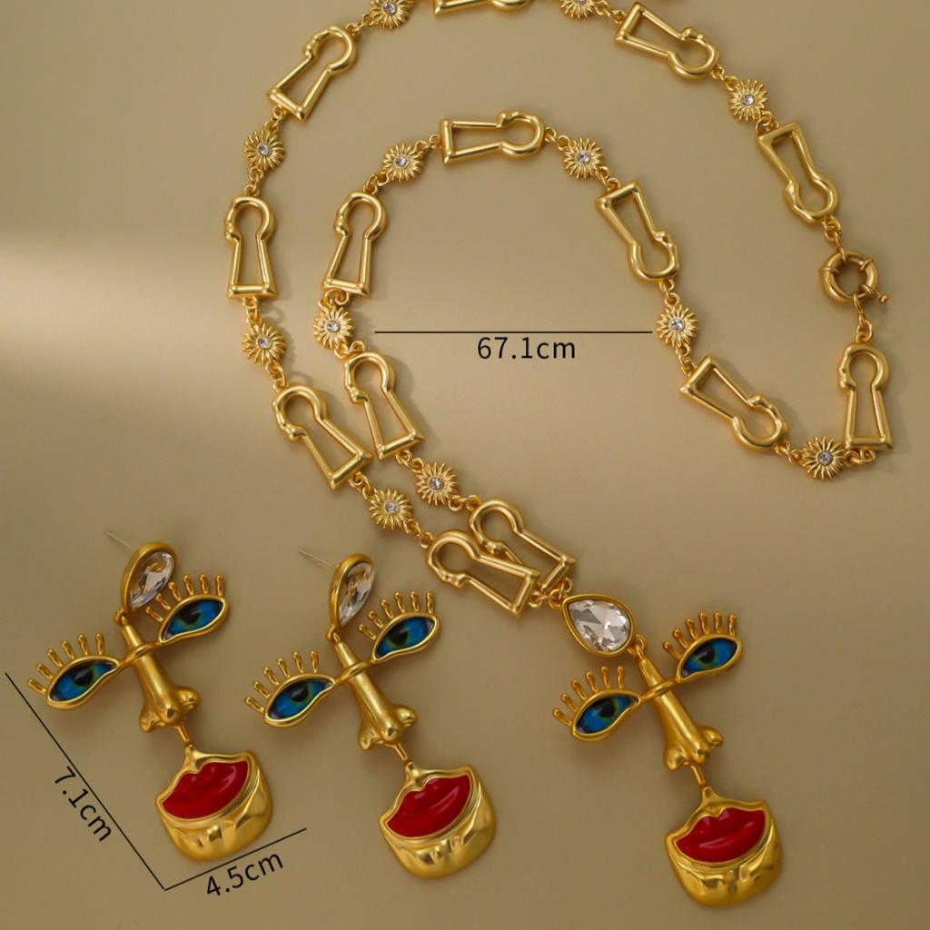 Retro Alloy Women's Earrings Necklace With Antique Style Design Red Lips Nose Eyes Marked 925 Electroplated Real Gold A Three-dimensional Effect
