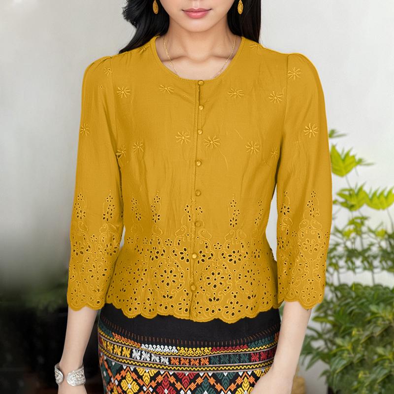 

ZANZEA Womens Casual 3/4 Sleeve Retro Lace Patchwork Blouse 5XL жёлтый