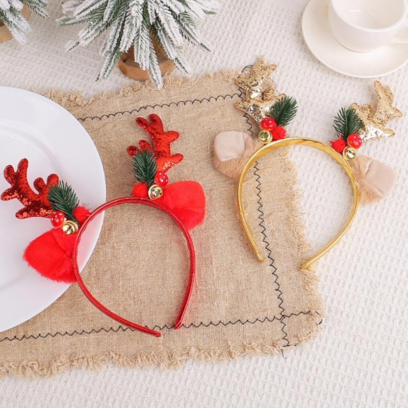 Portable Headgears Ornament Festival Sequined Reindeer Antlers Hair Hoop with Bells for Holiday Parties and Celebration