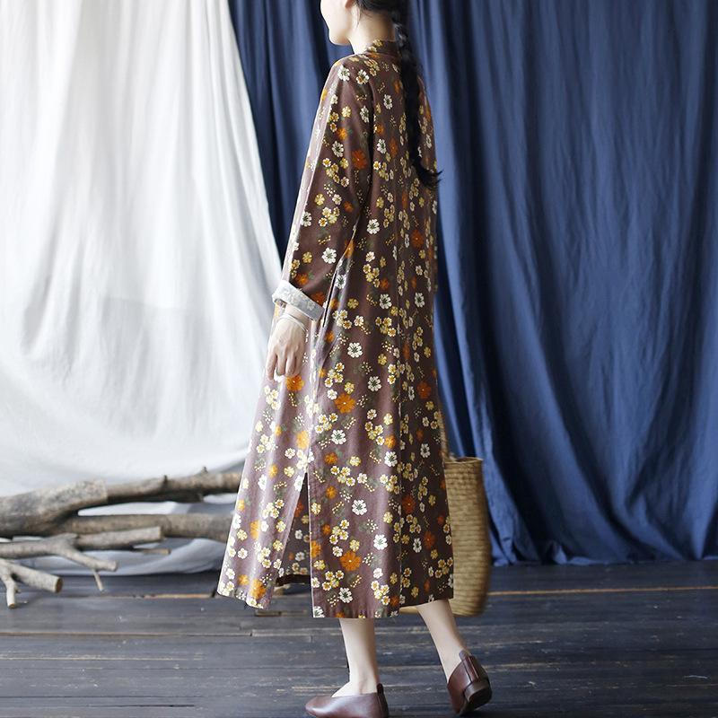 Johnature Women Chinese Style Dress Stand Long Sleeve Print Floral Autumn A-Line Vintage Women Dress