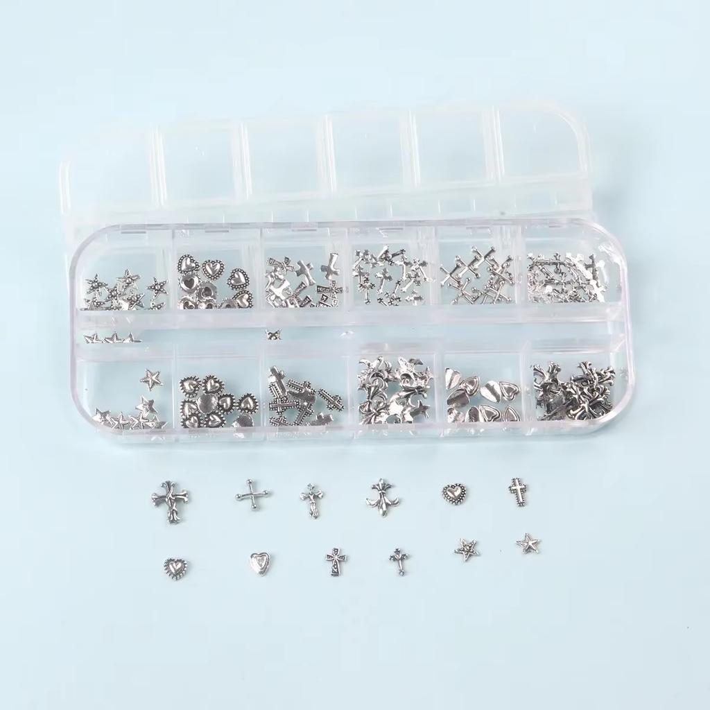 12 Grids Mixed 3D Punk Silver Heart Cross Metal Manicure Nail Decoration Retro Different Design Cross Nails Art Charms