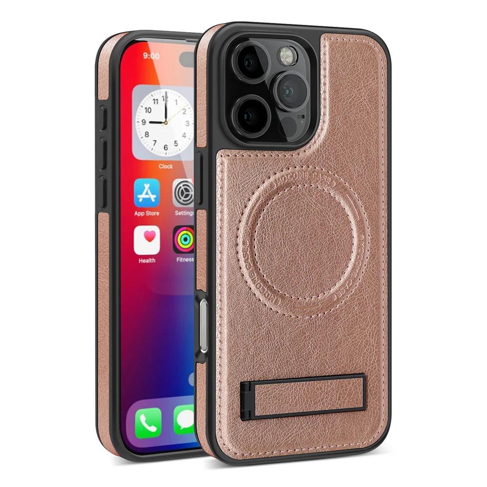Fashion Leather for Magsafe Phone Case for iPhone 16 Pro Max 15 14 13 12 11 With Stand Bracket Strong Magnetic Shockproof Cover
