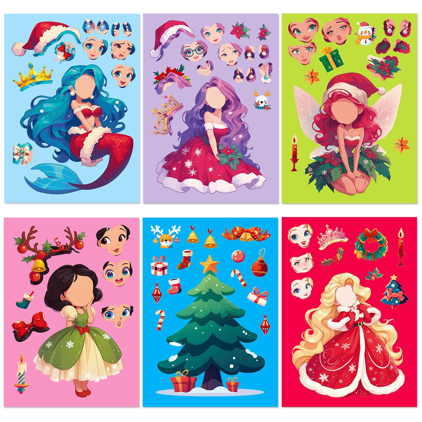 

6 Mermaid Princess Christmas Theme Face Changing Stickers Diy Expression Accessories Changing Graffiti Stickers