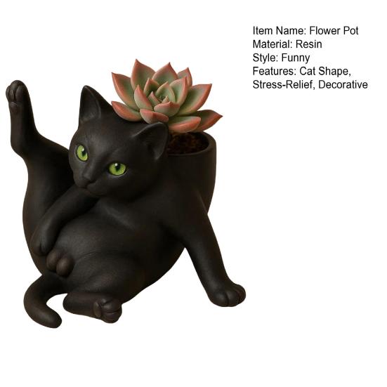 Flower Pot Grooming Cat Shape Planter Pot Stress-Relief Mood Booster Indoor Plant Pot Office Desk Decoration