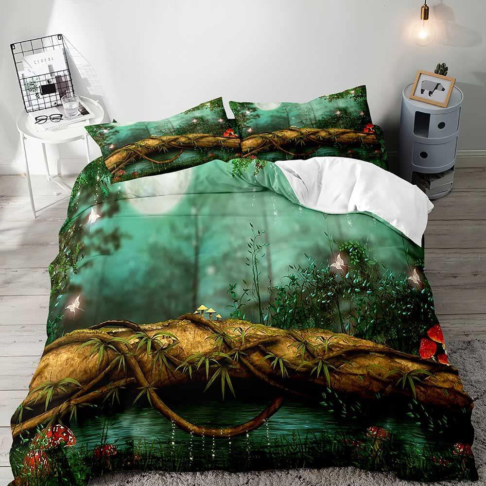 Red Mushroom Three-piece Quilt Cover 3D Digital Printing Bedding Set Green Plant Plant Fungus Bed Cover