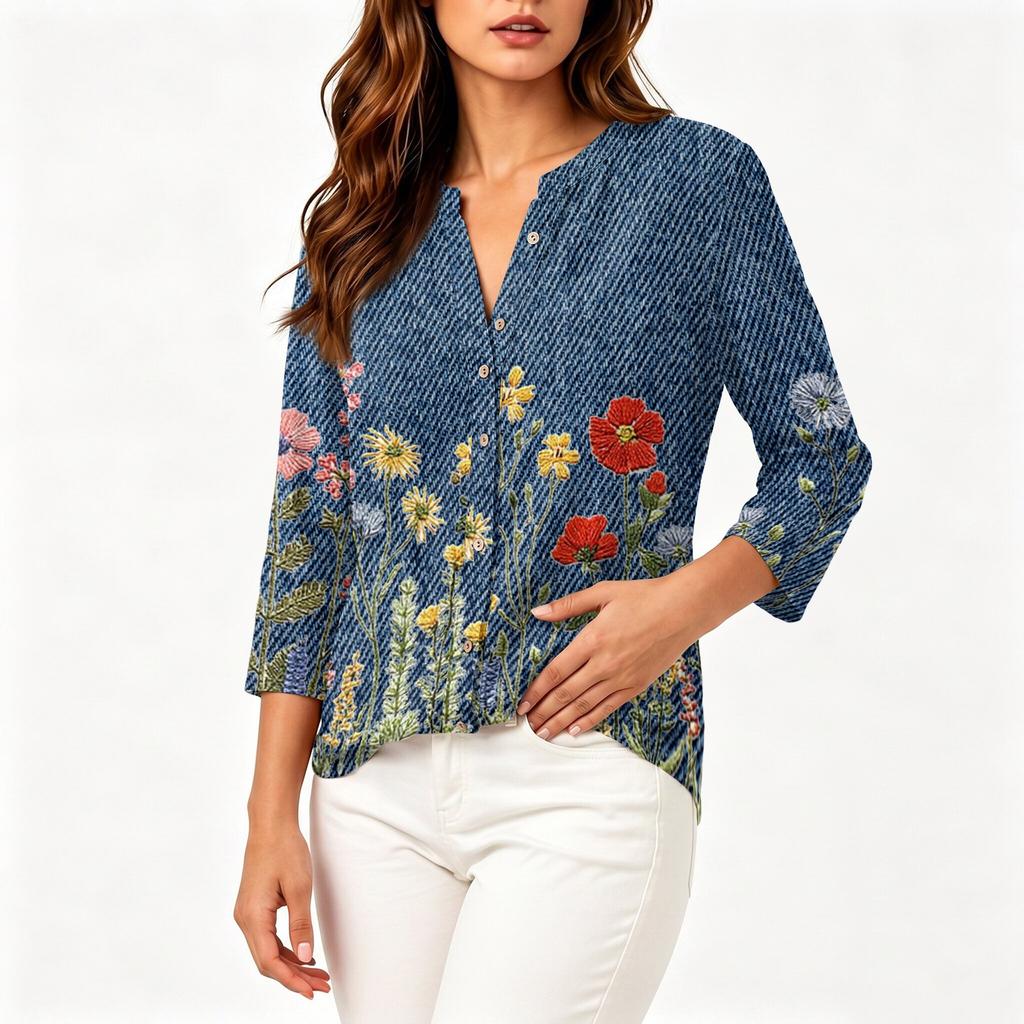 Women Vintage Floral Print Henley Button Neck Three Quarter Sleeve Linen Cotton Blouse Casual Loose Fit Shirt