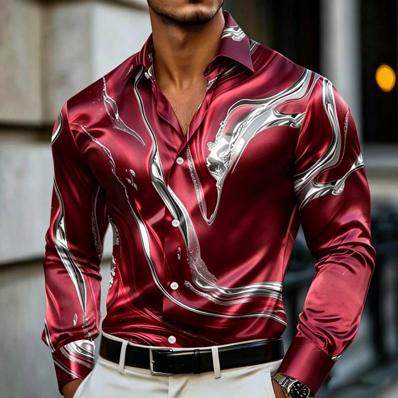 Camisa de Manga Larga Estampada con Arte Fluido de Mármol para Hombre Lujo Resort Nightclub Uso Diario Cuello Botón Top para Hombre Camisa de Moda