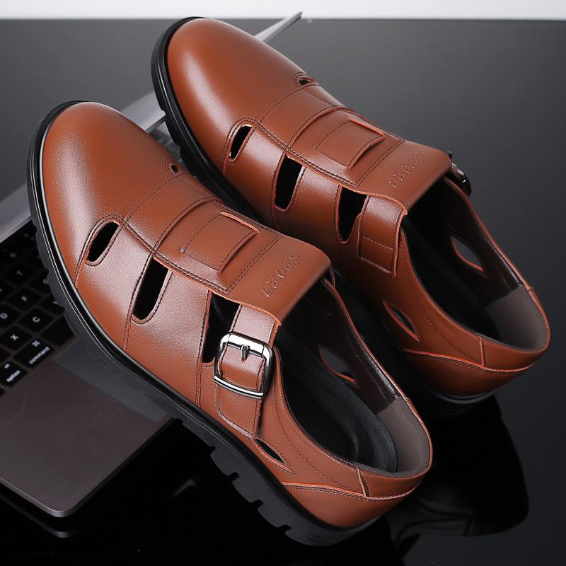 Men'S Cowhide Sandals Men'S Casual Leather Shoes Hollow And Breathable Middle-Aged And Elderly Bag Head Hole Shoes Genuine Leather