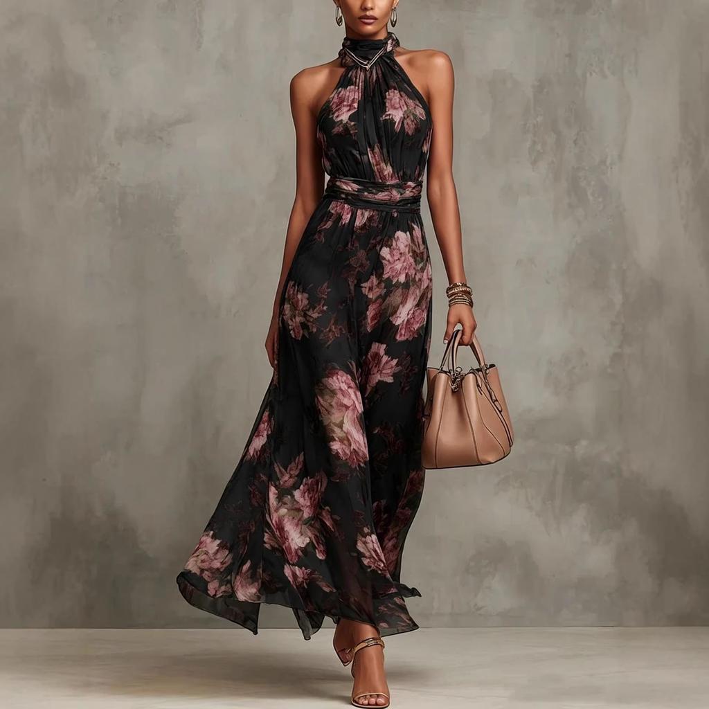 2026 women's new chiffon long dress in Europe and America, waist and thin, neck and sleeveless holiday wind wrinkle dress