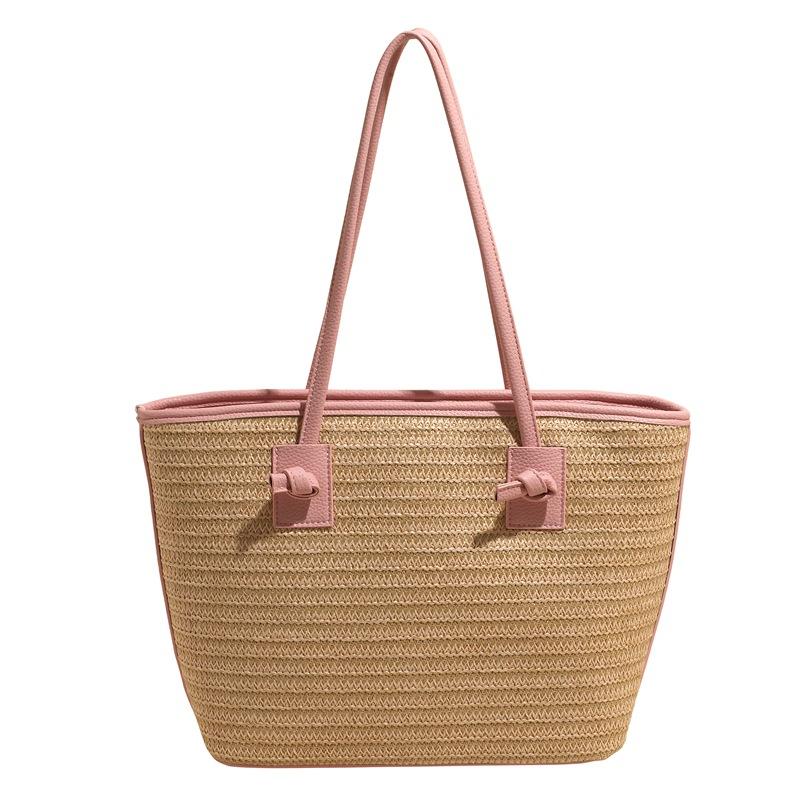 

Summer foreign style hand-held straw bag women s large-capacity commuter woven tote bag seaside vacation beach shoulder bag розовый
