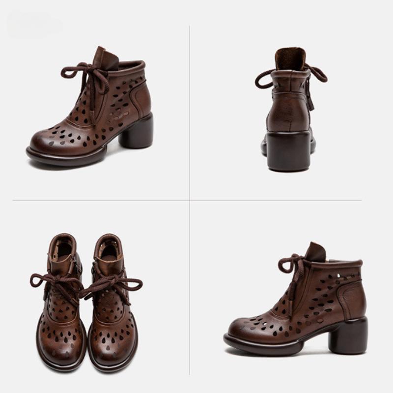Johnature Retro Breathable Hollow-out Boots Sandals Genuine Leather Fashion High Heels Women's Shoes