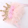 1pc Pink Mesh Gold Crown Headband with 3 Pink Flowers, Lovely Cute Shiny Birthday Crown Tiara for Girls, Kids Hairband