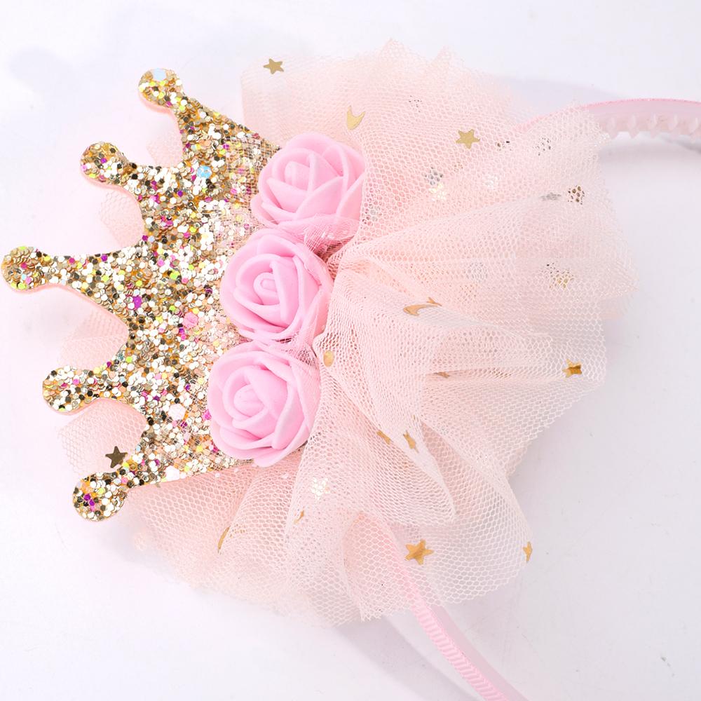 1pc Pink Mesh Gold Crown Headband with 3 Pink Flowers, Lovely Cute Shiny Birthday Crown Tiara for Girls, Kids Hairband