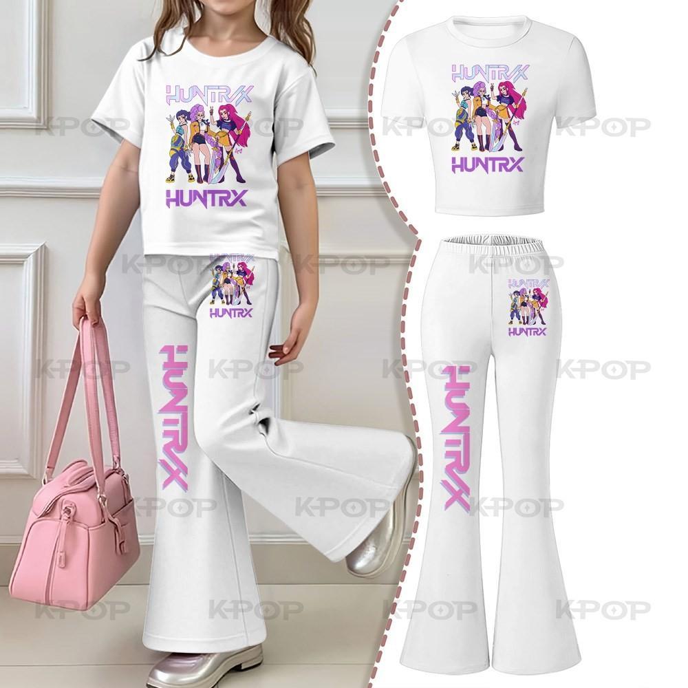 Dziecięcy casualowy sportowy zestaw z krótkim rękawem i rozszerzanymi nogawkami, modny dziewczęcy strój sportowy z wzorem Kpop Hunter