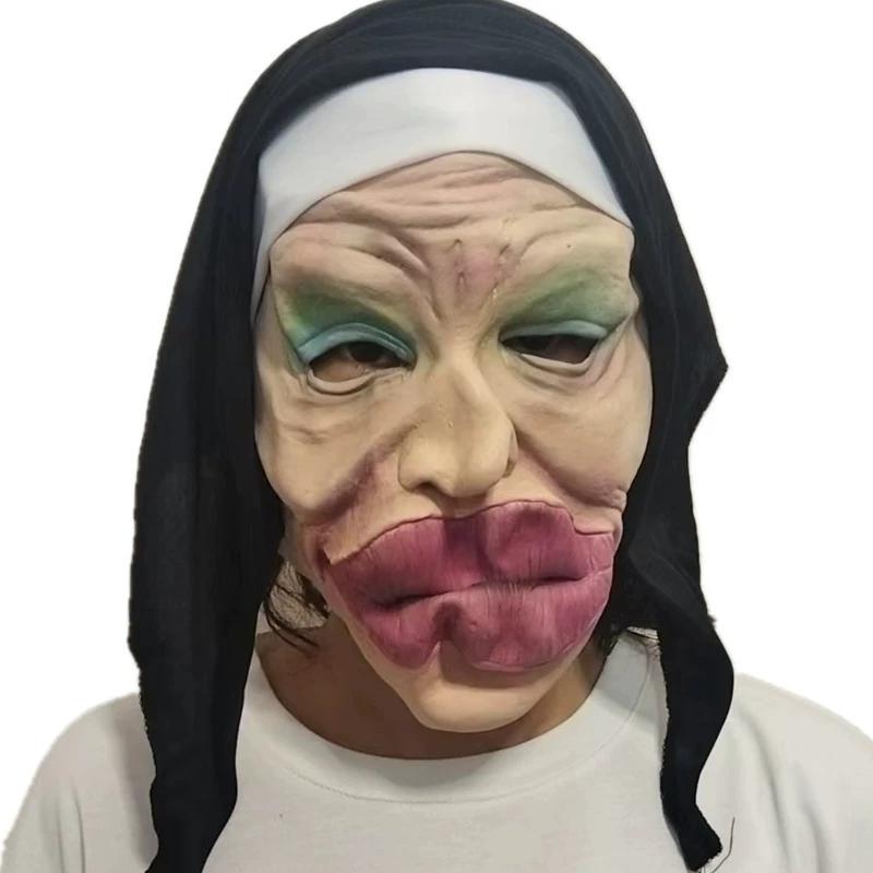 Mask Frightening Nun Costume Synthetic Latex Street Style Horror Accessory Realistic Details Halloween Horror Theme Events