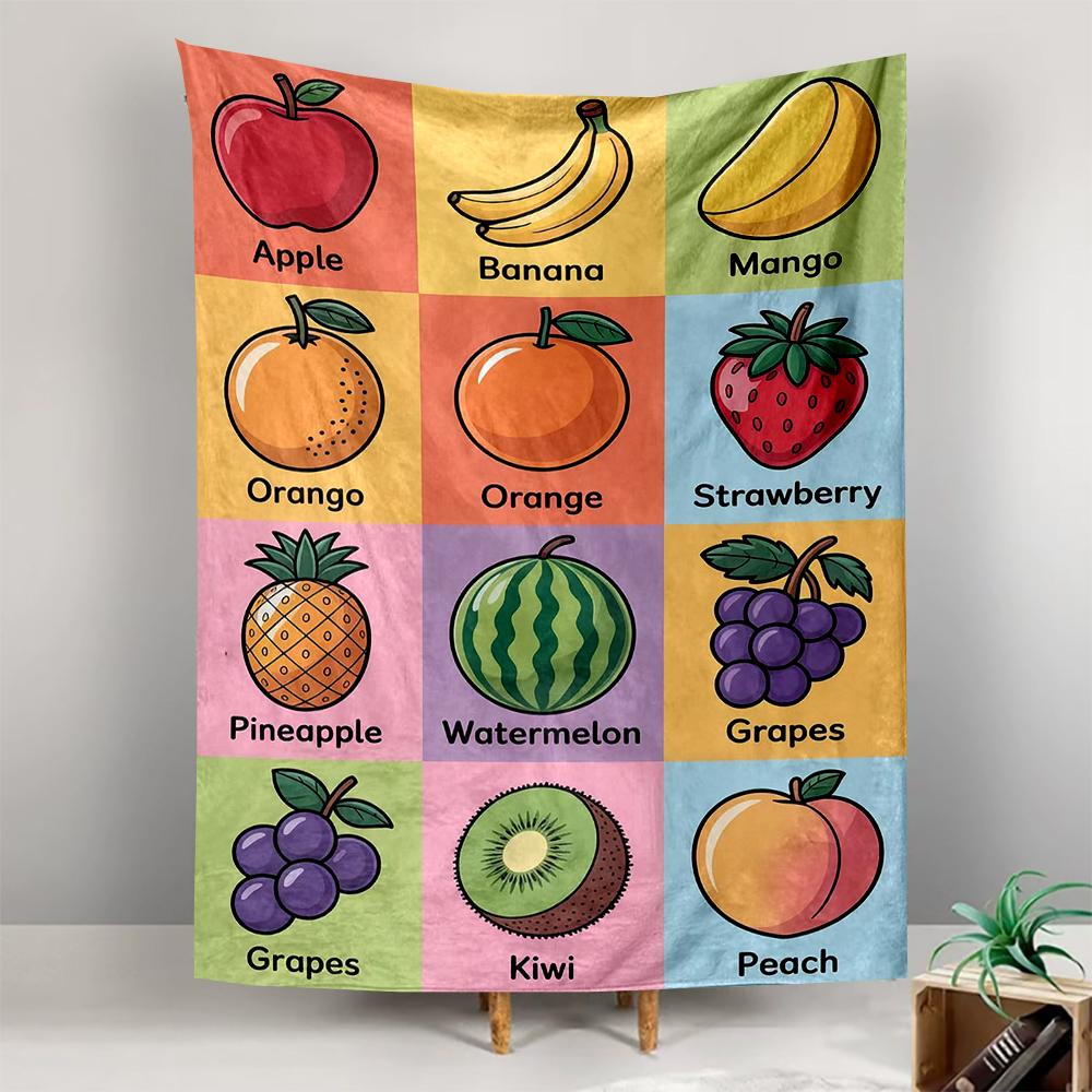 Fruit Illustrations Apple Banana Mango Orange Watermelon Peach Kiwi Grapes Patterned Tapestry for Bedroom and Living Room Home Decor