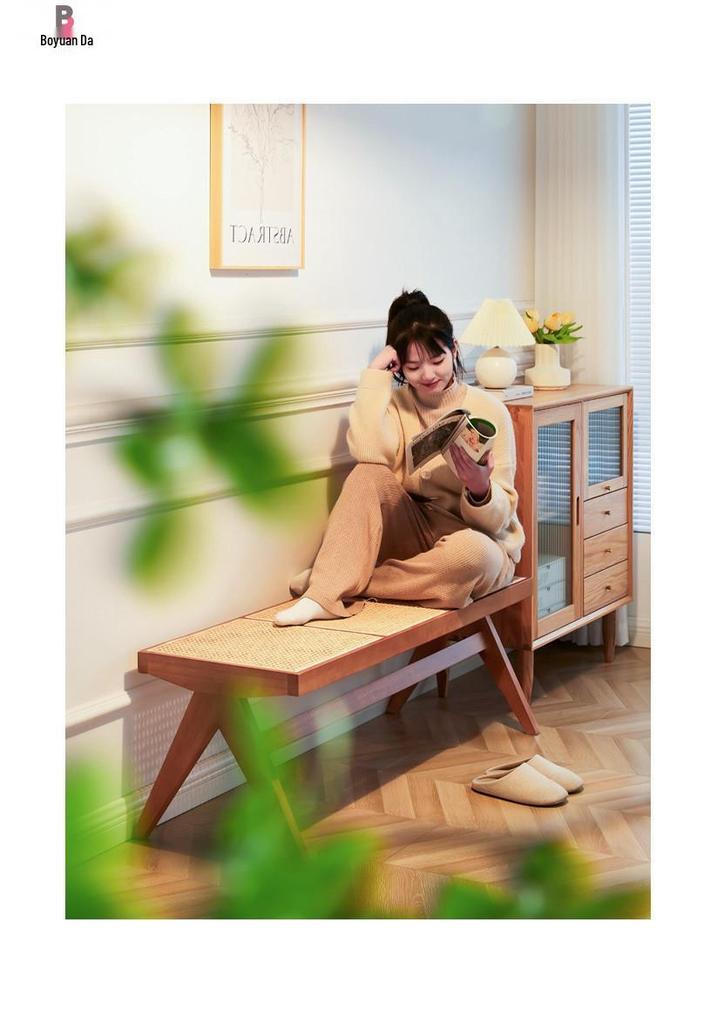 Northern Rattan Woven Bench: Minimalist Solid Wood Long Bench for Dining, Bedroom, or Entryway