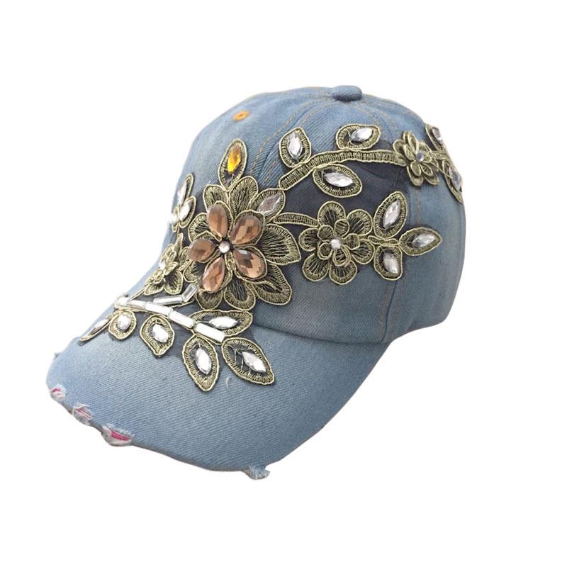 Modische Damen-Baseballkappe aus Denim mit Rosen-Strasssteinen - Hip-Hop-Sonnenhut