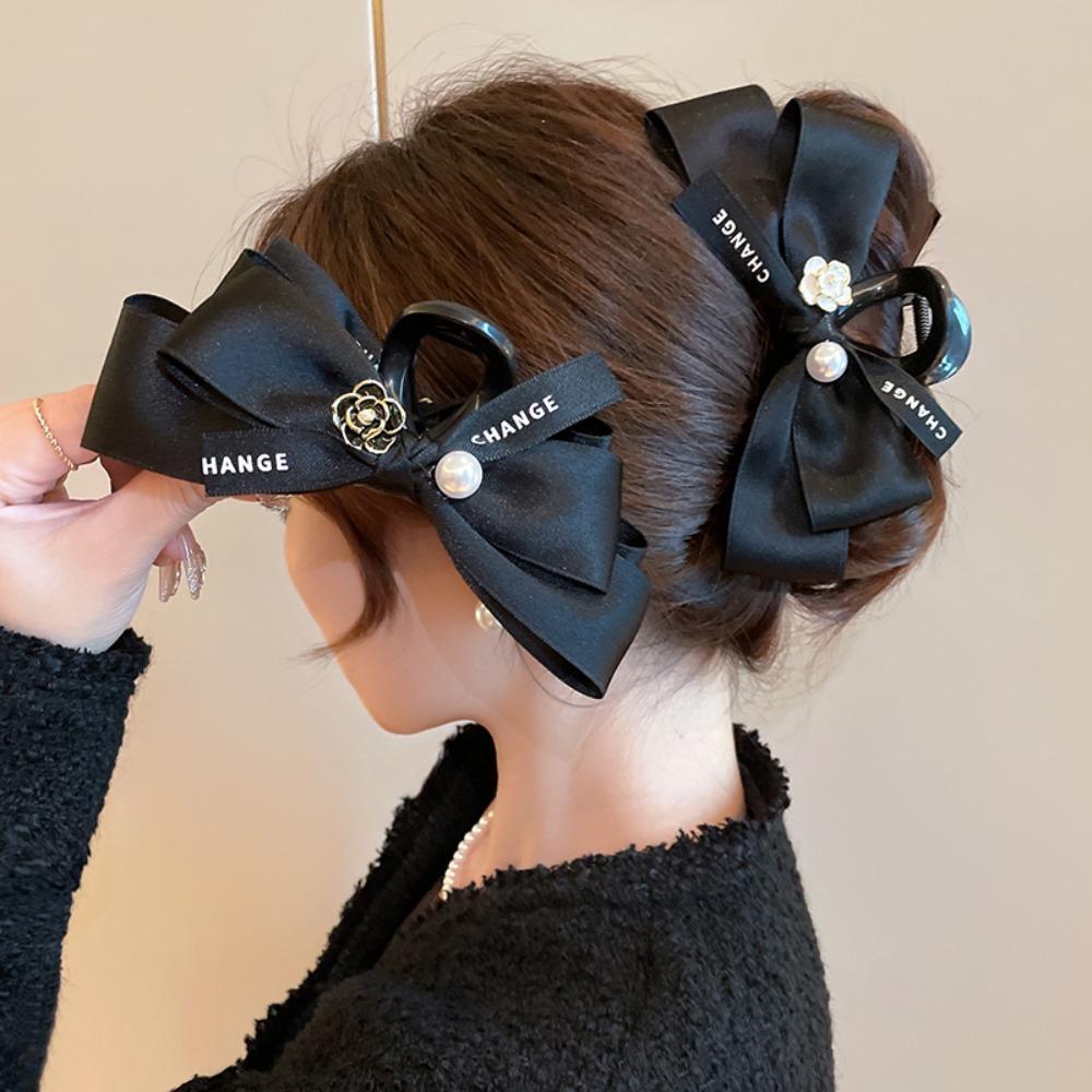 Xiaoxiangfeng Mountain Camellia Butterfly Knot Gripper Black Silk Pearl Hair Gripper Light Luxury Luxury High End Hairband Shark